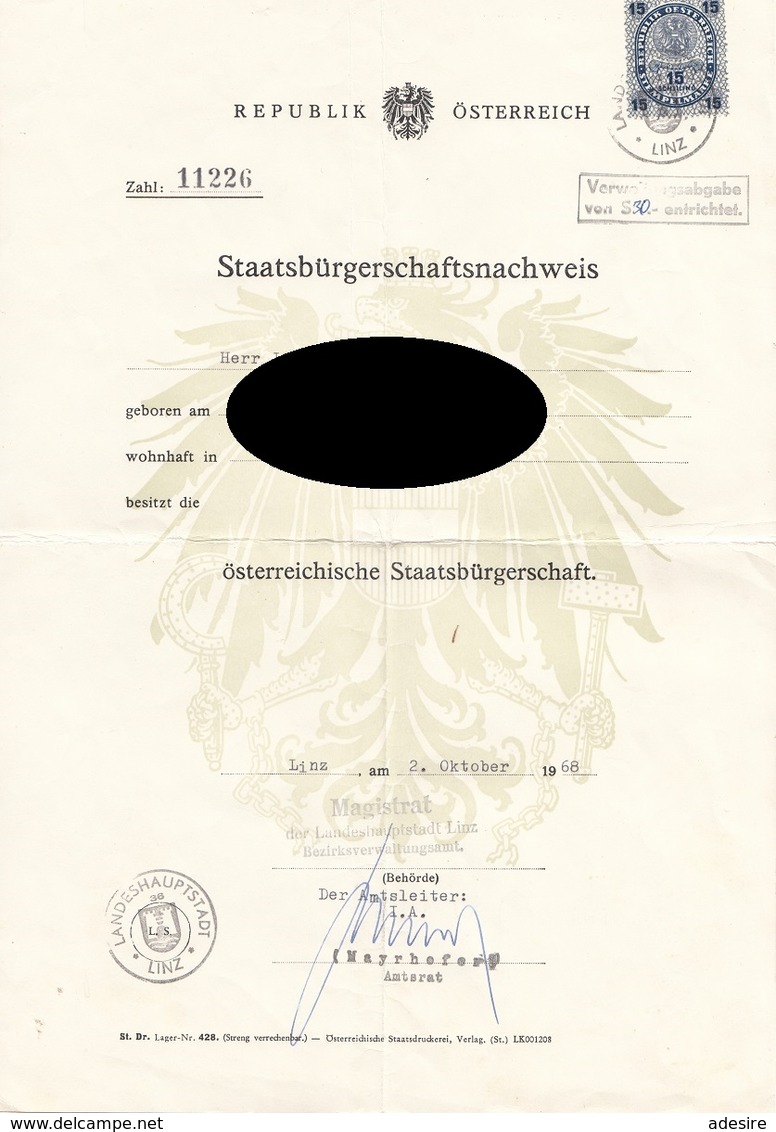 ÖSTERREICH STAATSBÜRGERSCHAFTSNACHWEIS 1968 - Documentos Históricos