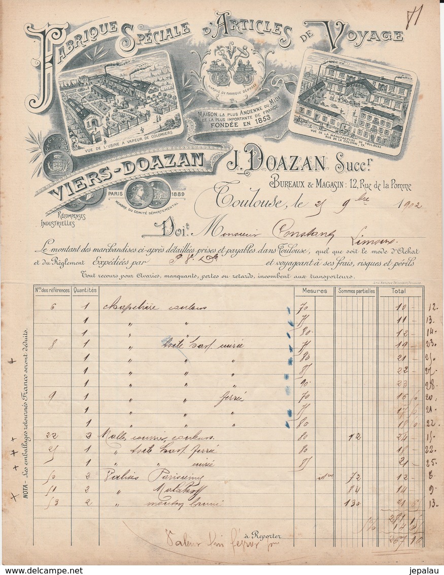 Toulouse - J.Doazan Succ. / Fabrique Spéciale D'articles De Voyage - 1900 – 1949