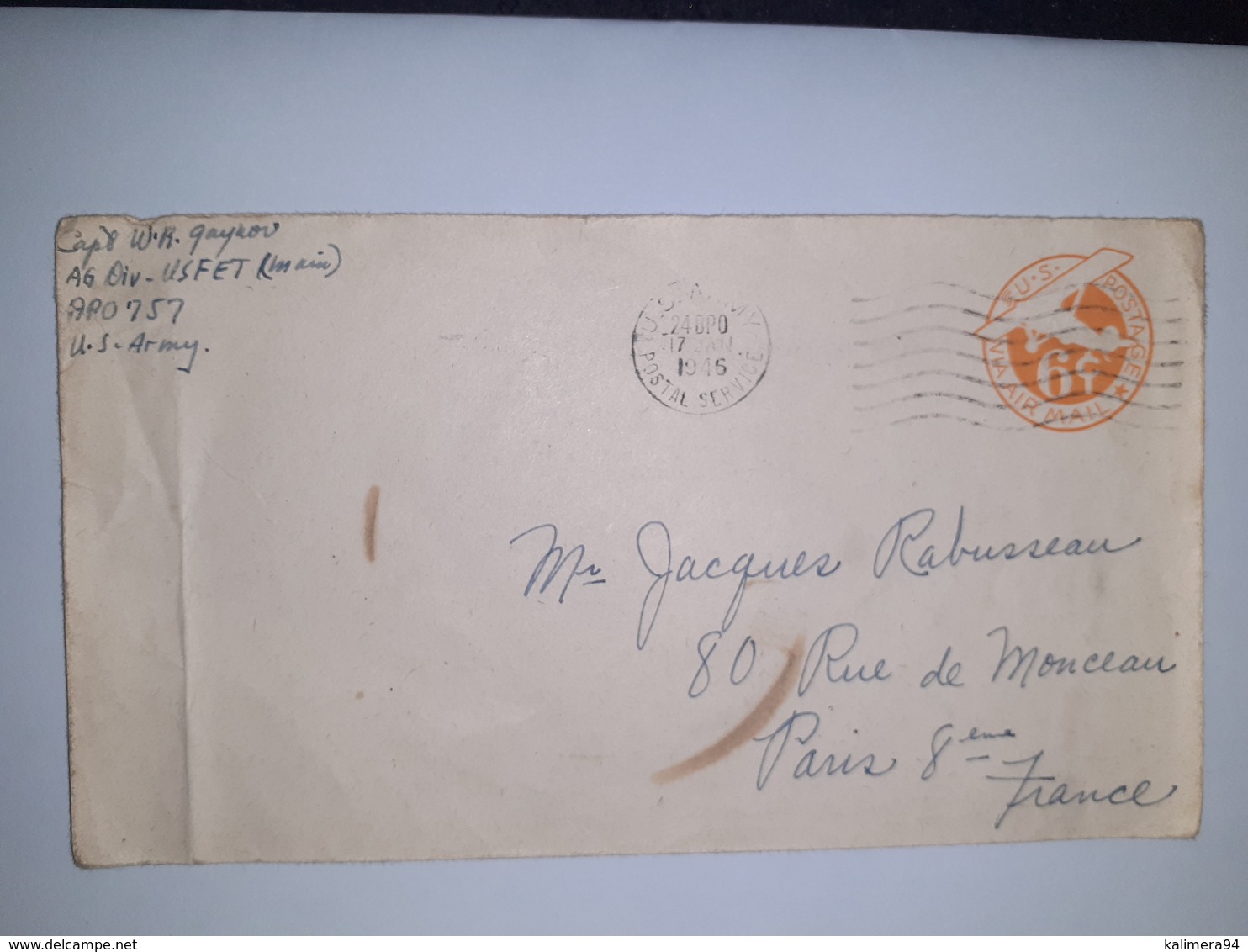 USA  /  Entier  Postal  6 Cents Orange AIR MAIL  /  Cachet US ARMY  (1945 ) - 1941-60