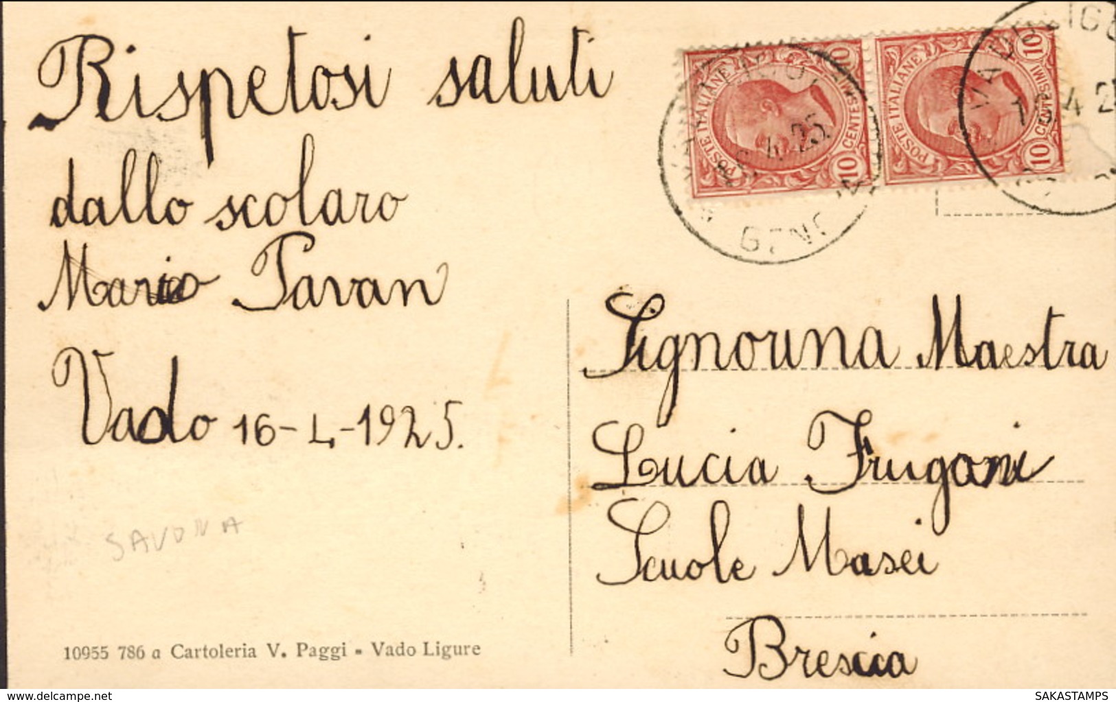 1925-"Vado Ligure-pontile-societa' Nazionale Olii Minerali "affrancata Coppia 10c.Leoni - Savona