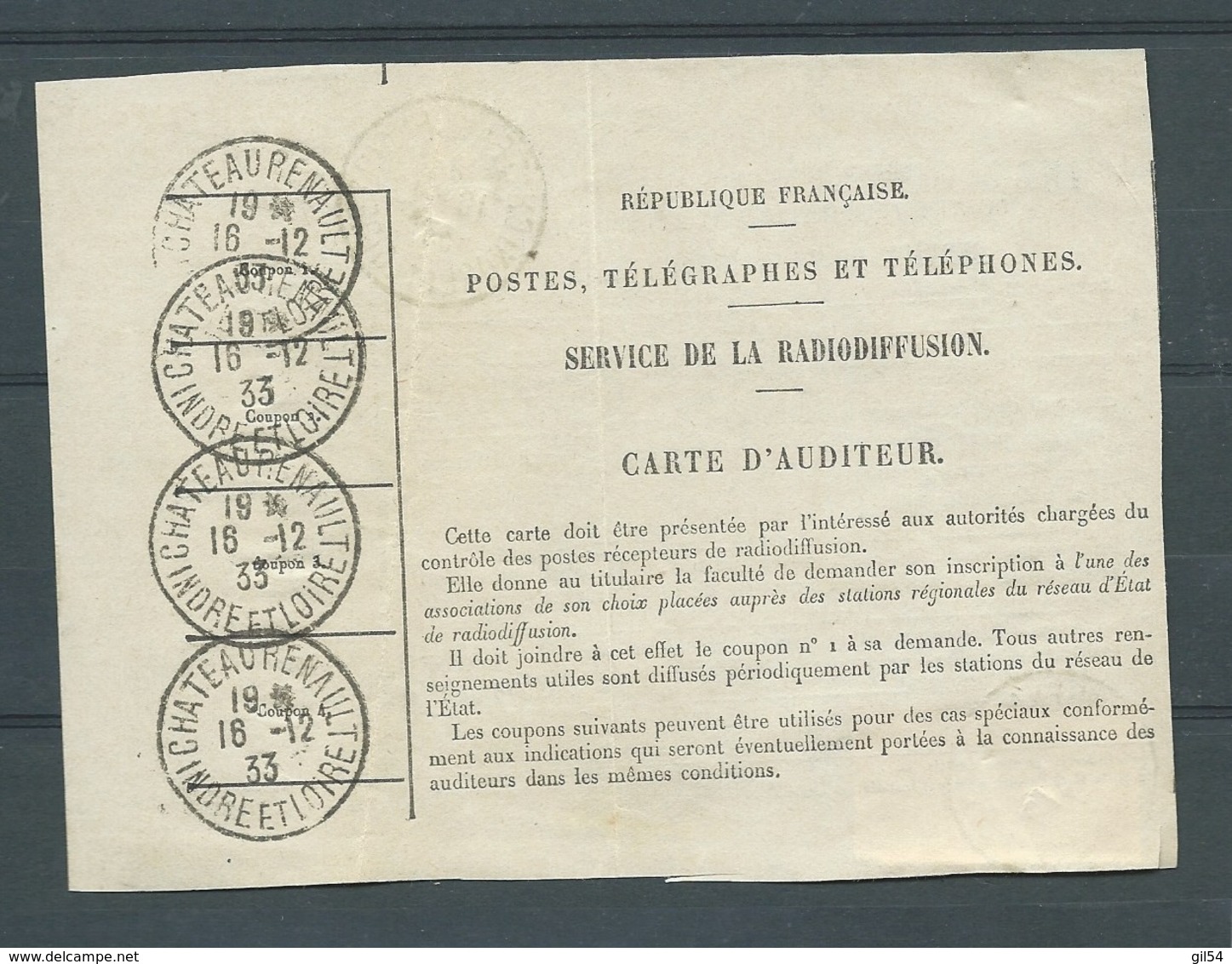 Radiodiffusion Carte D'auditeur Affranchie Par Timbre Fiscal 25 Cents Oblitéré Chateaurenault ( 37 ) En 1933 LL17307 - Radiodiffusione