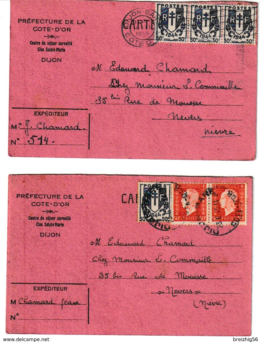 Côte D'Or DIJON Centre De Séjour Surveillé 2 Cartes-lettre 1945 - Port La Nouvelle
