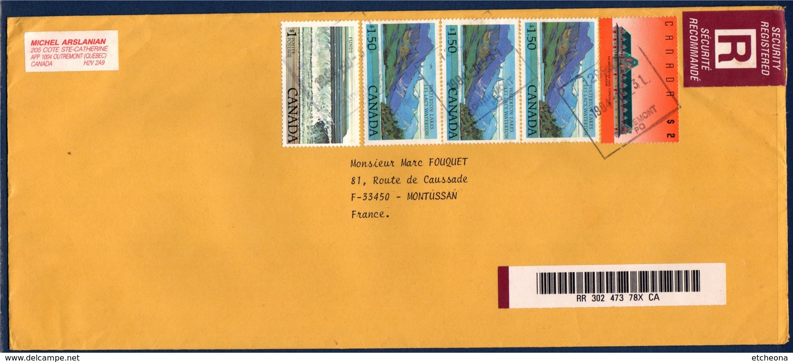 = Pli Recommandé De Outremont (Québec Canada) à Montussan (France) 5 Timbres 31.10.1994 - Raccomandate