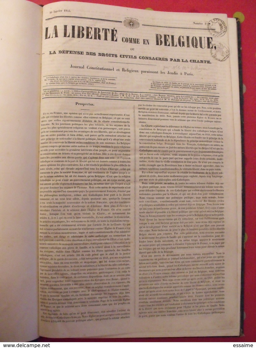 La Liberté Comme En Belgique. Reliure Des 43 Premiers Numéros. 1844. Recueil. Hebdomadaire. Droits Civils, Charte - 1800 - 1849