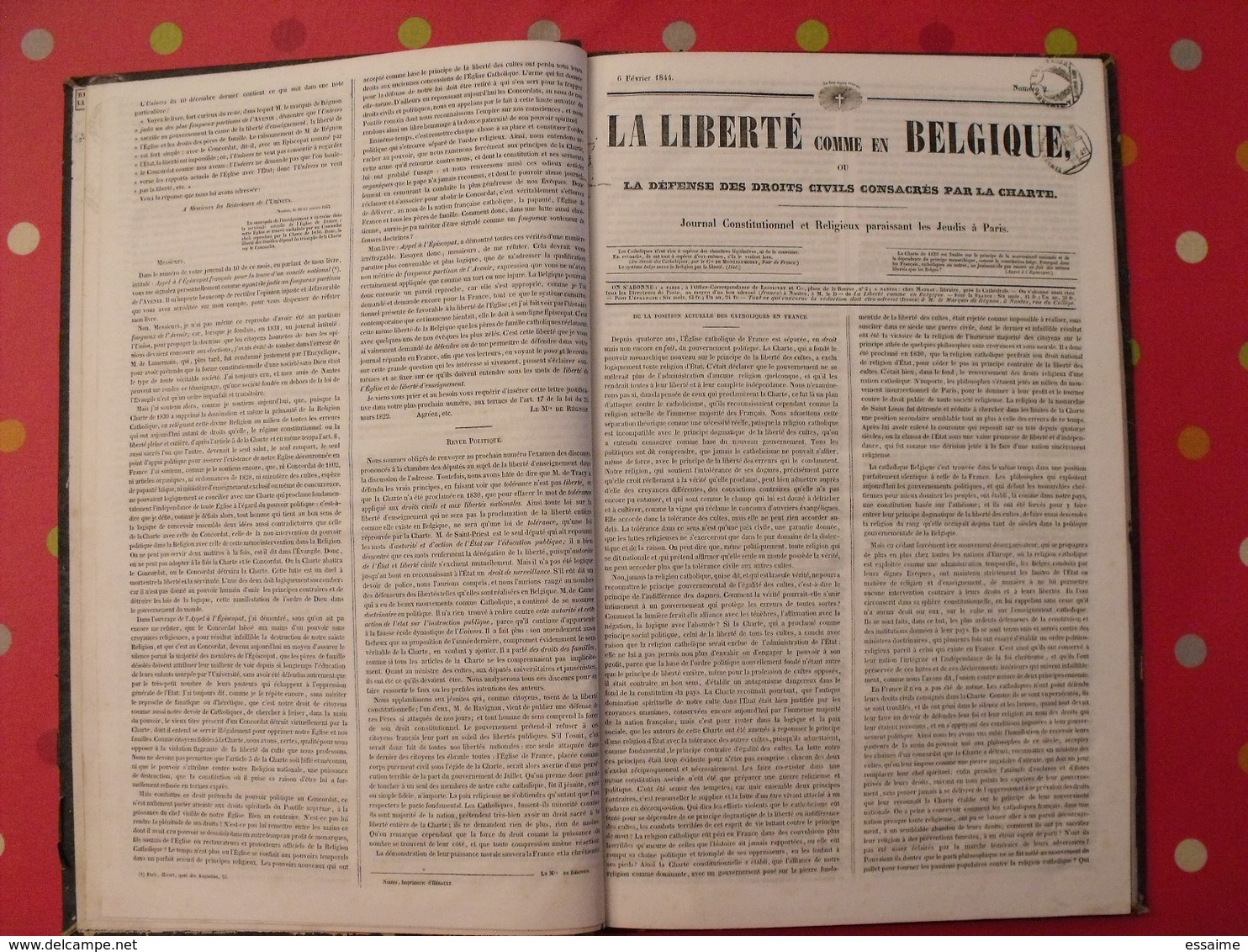 La Liberté Comme En Belgique. Reliure Des 43 Premiers Numéros. 1844. Recueil. Hebdomadaire. Droits Civils, Charte - 1800 - 1849