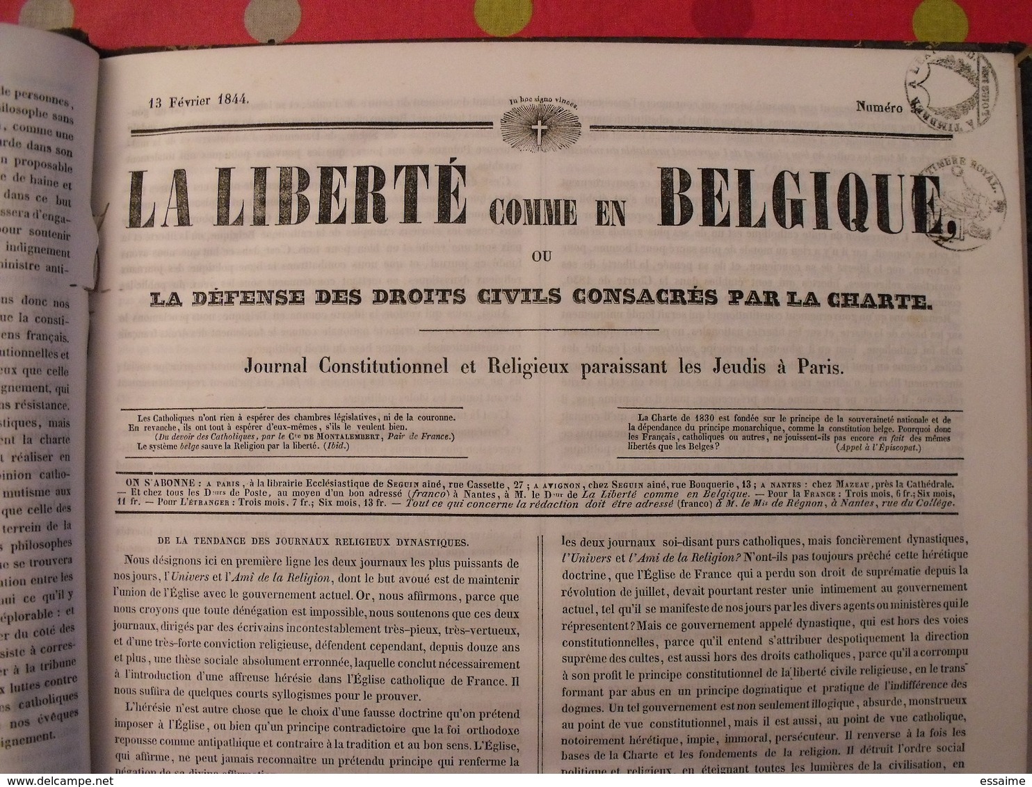 la liberté comme en Belgique. reliure des 43 premiers numéros. 1844. recueil. hebdomadaire. droits civils, charte