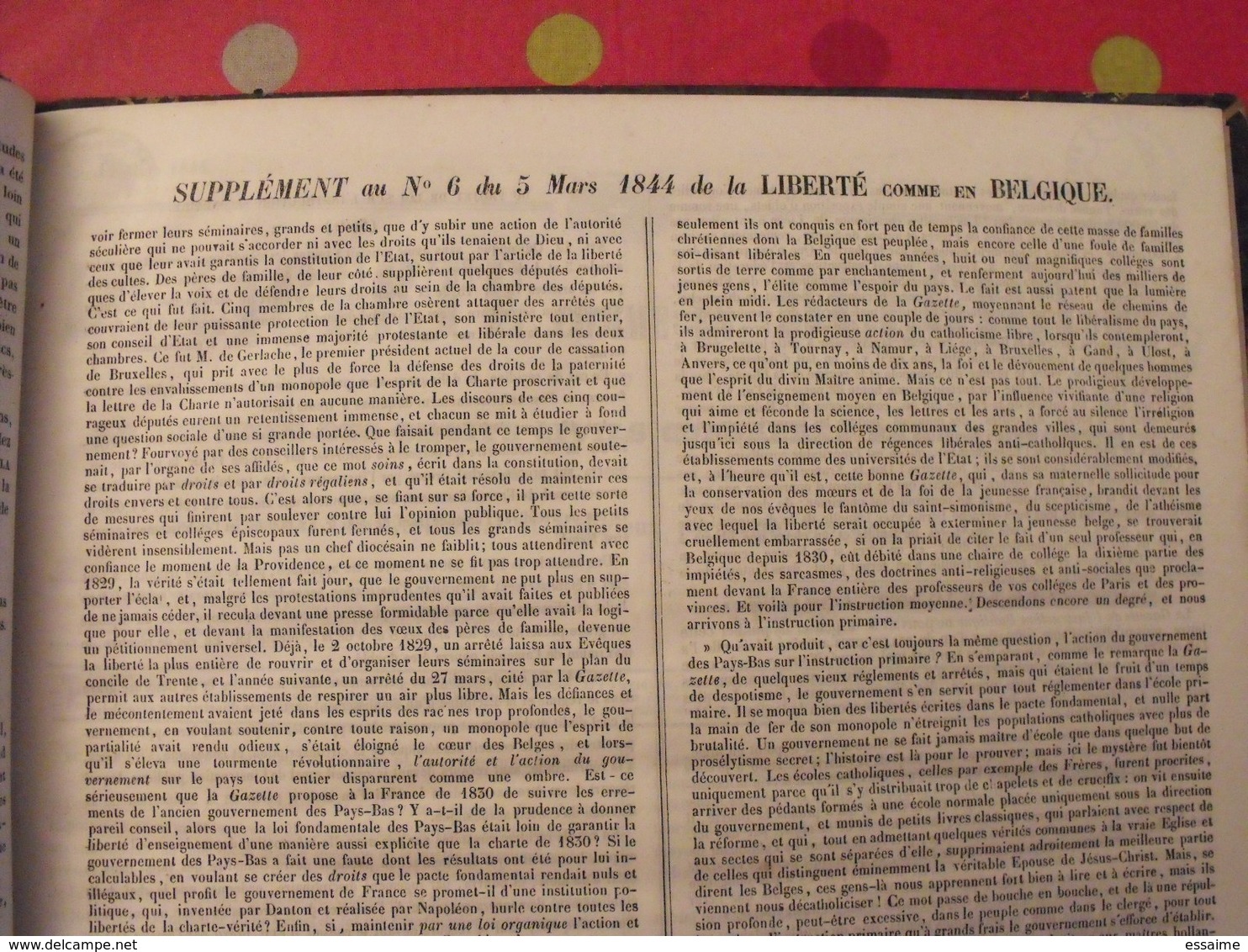 la liberté comme en Belgique. reliure des 43 premiers numéros. 1844. recueil. hebdomadaire. droits civils, charte