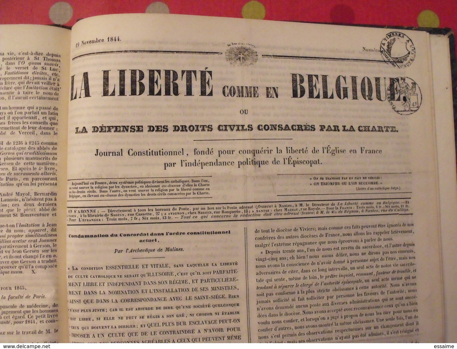 la liberté comme en Belgique. reliure des 43 premiers numéros. 1844. recueil. hebdomadaire. droits civils, charte