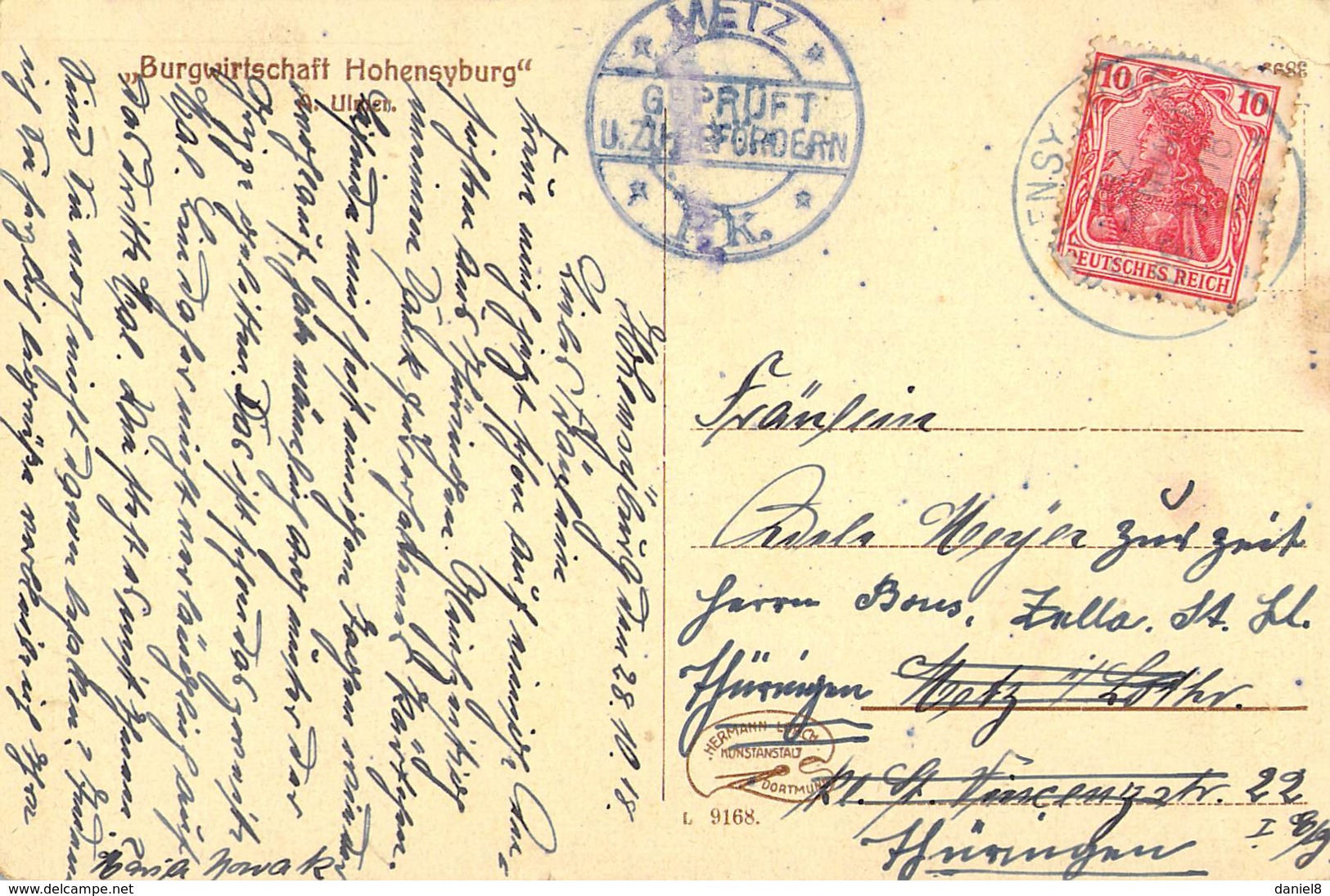 Hohensyburg - Kaiser - Wilhelm - Denkmal Mit Ruhrral Militaria 1918 - Cachet Postal De Censure Bleu De METZ "Geprüft Bef - Dortmund