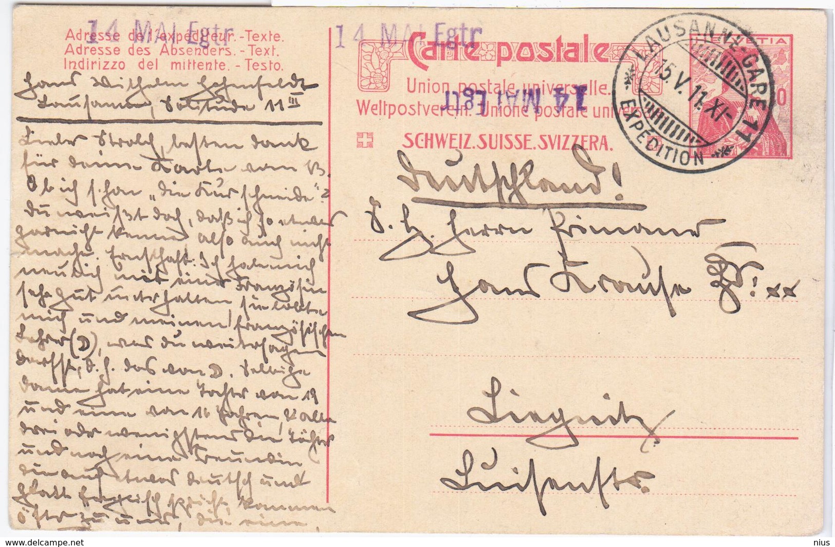 Switzerland Swiss Schweiz Svizzera Helvetia 1911 Lausanne - Gare Expedition - Other & Unclassified