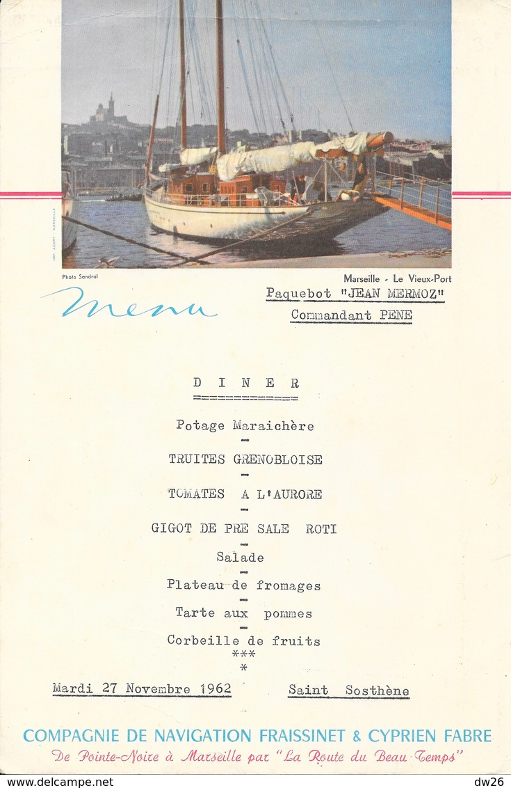 Menu Paquebot Jean Mermoz, Commandant Pène Novembre 1962 - Marseille Le Vieux Port - Menus
