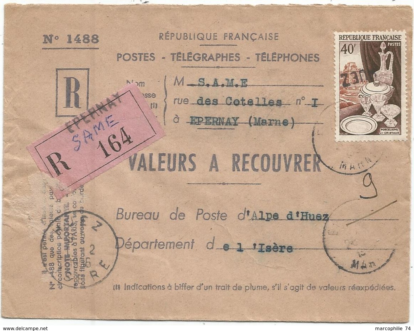 40FR PORCELAINE SEUL VALEURS A RECOUVRER EPERNAY MARNE TRES FAIBLE ANNULATION GRIFFE HUEZ EN ARRIVEE 1956 - 1921-1960: Periodo Moderno