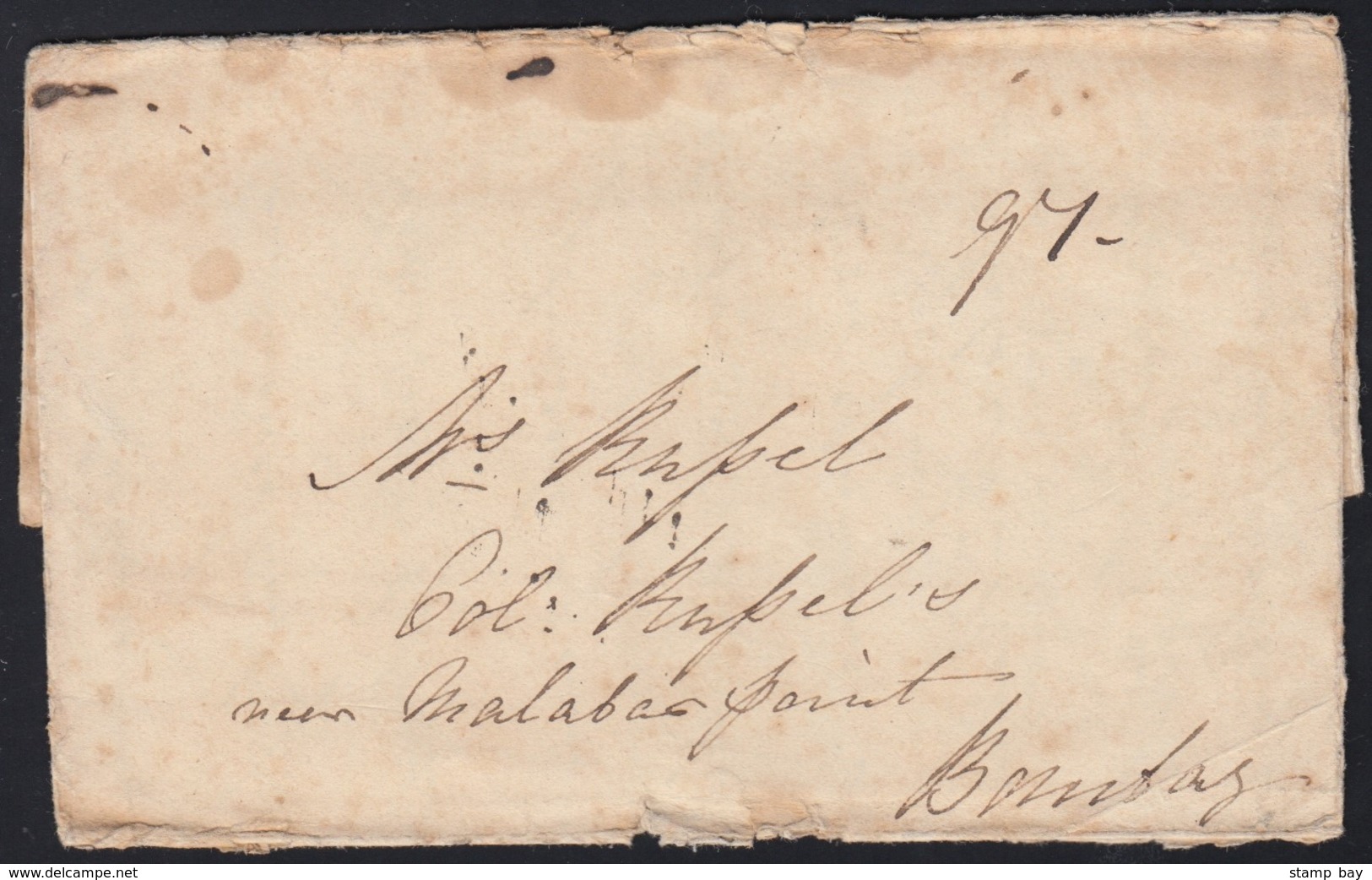 India 1834 Scarce "POONA POST NOT PAID" HG2 On Entire To Bombay, With Manuscript "1" Anna Due. - ...-1852 Préphilatélie