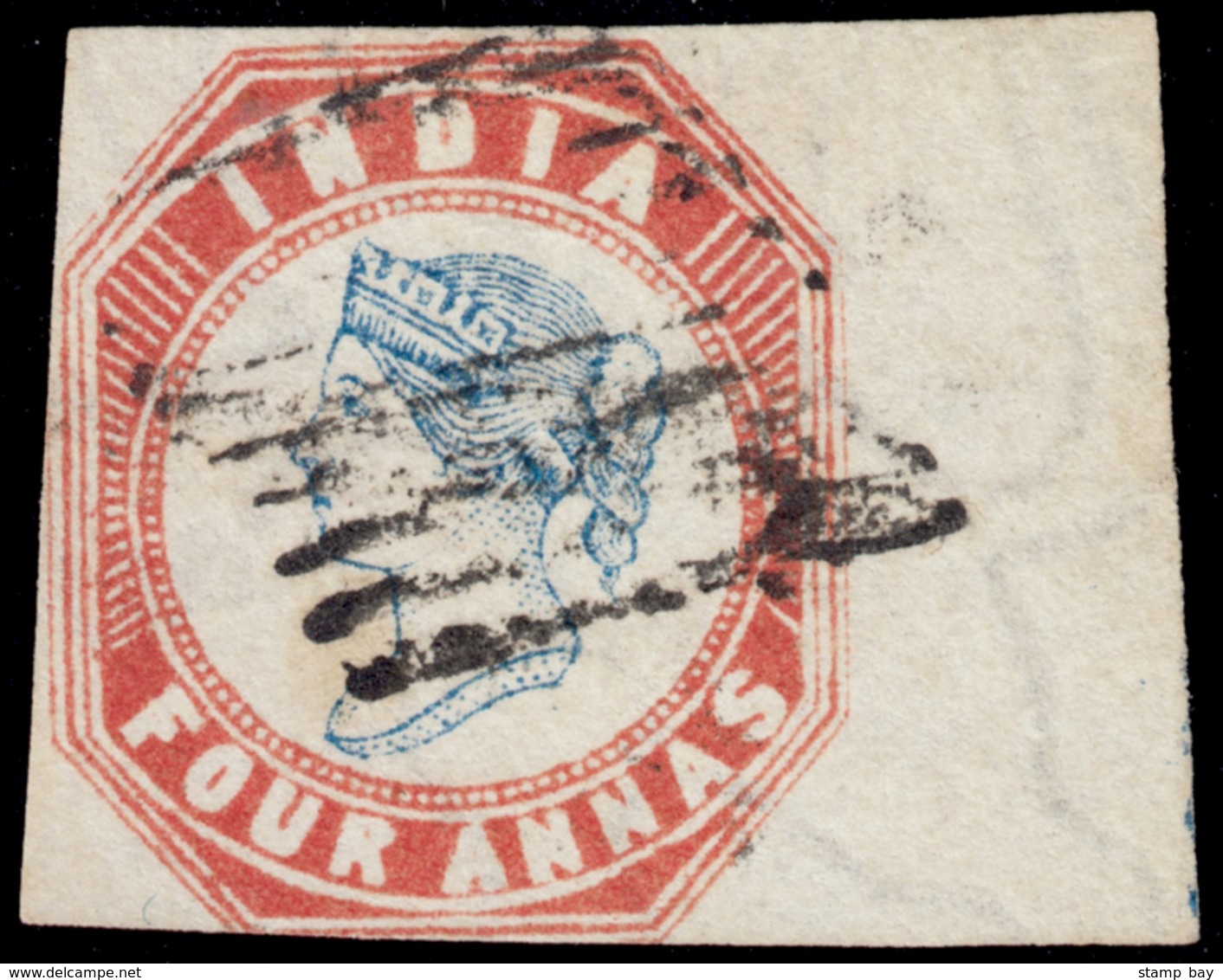 India 1854 QV 4a Blue And Red, Imperf, 2nd Printing, Head II Frame I, Pos.7, Part Sheet Watermark Normal, Cut-square Wit - 1854 Britse Indische Compagnie