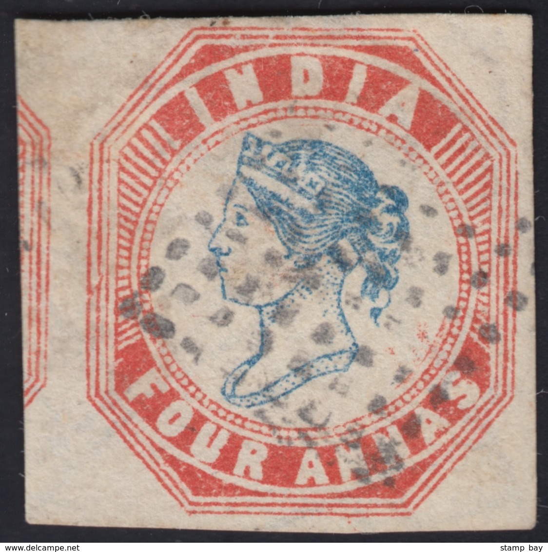 India 1854 QV 4a Blue And Red, Imperf, 4th Printing, Head III, Frame II, Pos.2, Wmk Normal, Cut-square Showing Portion O - 1854 Britische Indien-Kompanie