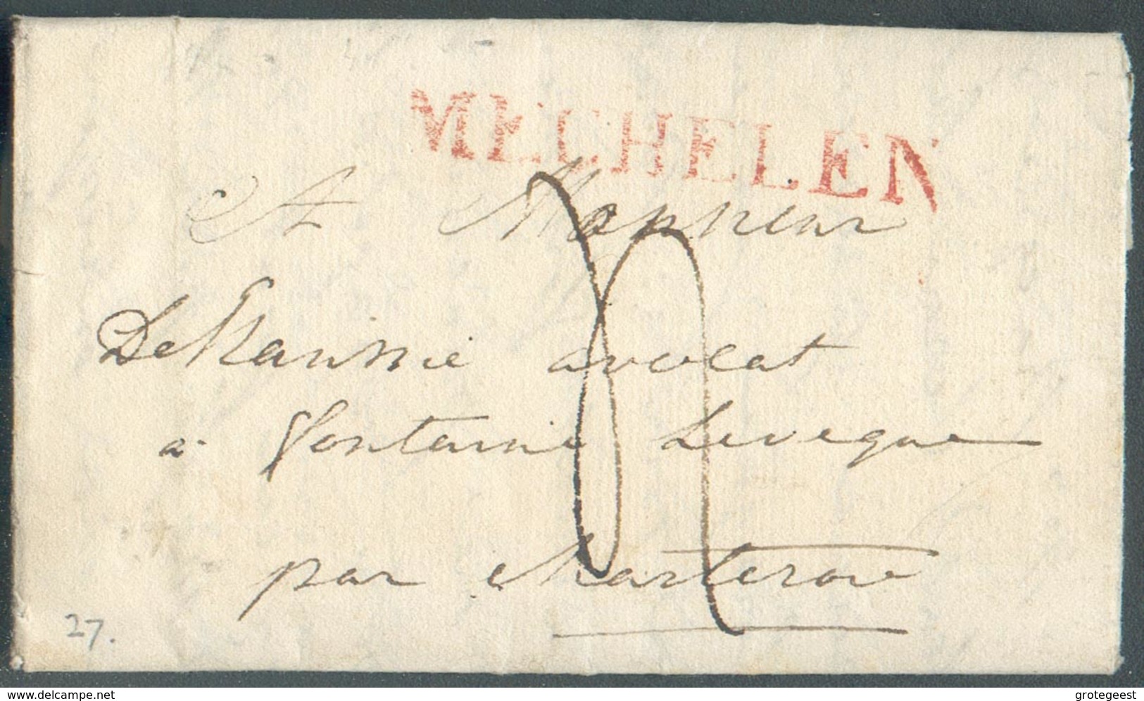 LAC (griffe Au Tampon Rouge) MECHELEN Le 17/12/1820 Vers Fontaine-l'Eveque; Port Dû '4'.  Belle Fraîcheur.  - 15104 - 1815-1830 (Periodo Holandes)