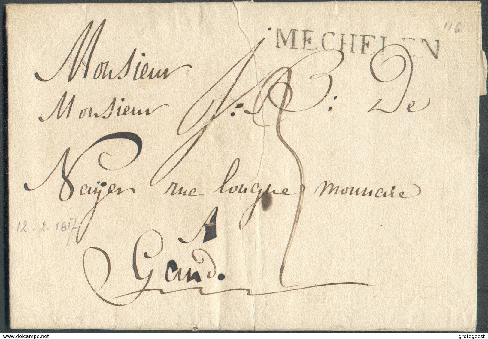 LAC (griffe Au Tampon ) MECHELEN Le 12/2/1817 Vers Gand; Port Dû '3'. - 15110 - 1815-1830 (Holländische Periode)