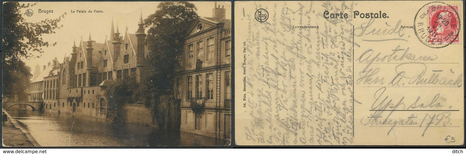 D - [69522]B//-N° 74, Sans Vignette Sur Carte Postale De Palais Du Franc à Bruges Vers La Suède, Déchirure Sinon TB D'as - 1905 Grove Baard