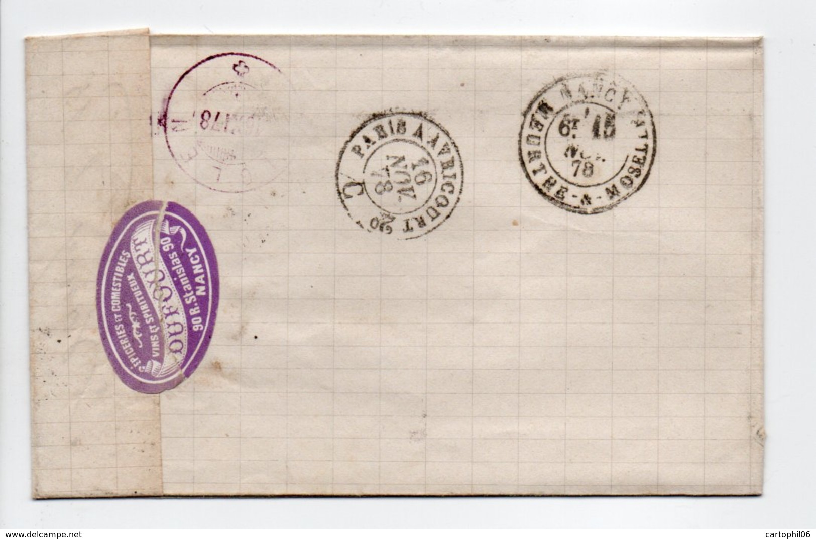 - Lettre COMESTIBLES DUFOURT, NANCY Pour BIGLEN (Suisse) 15 NOV 1878 - 25 C. Bleu Type Sage II - - 1877-1920: Période Semi Moderne