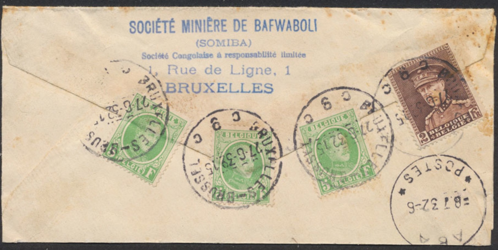 Affranch. Mixte (Houyoux / Képi) Au Verso Sur Lettre Par Avion Et R De Bruxelles(1932) Vers Opieuge-Stanleyville (Congo) - 1922-1927 Houyoux