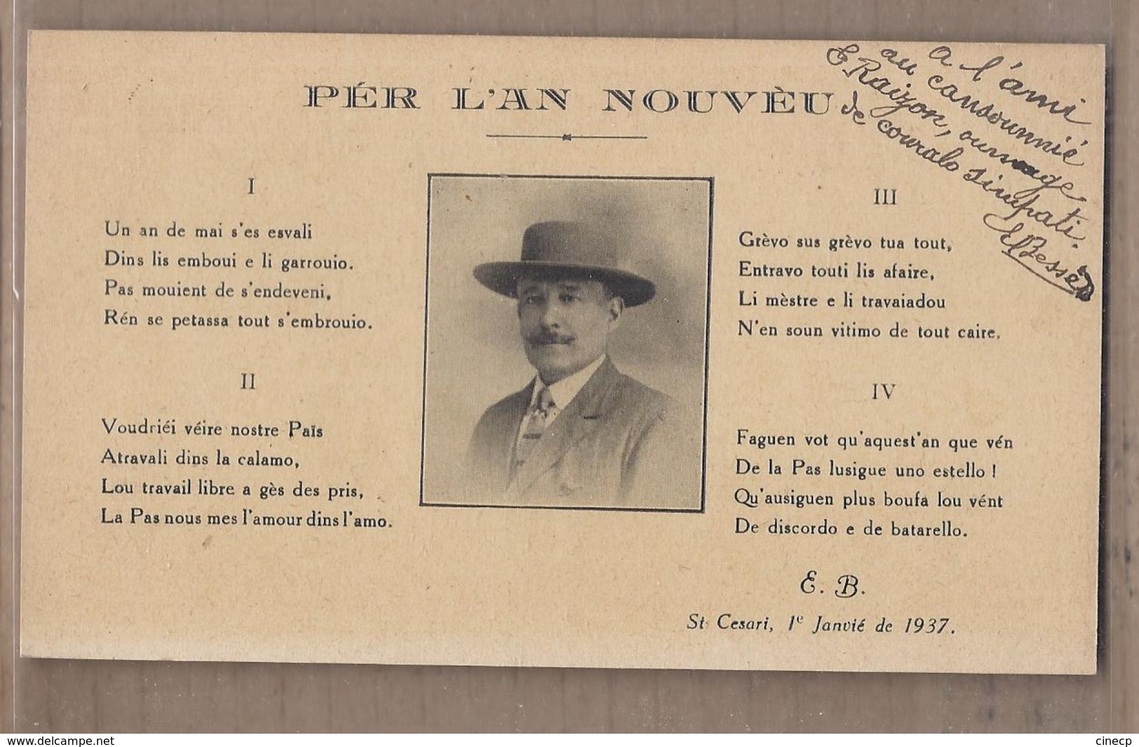 CPA 13 - PROVENCE - FELIBRIGE - PER L'AN NOUVEU - Poème St. Cesari 1937 Signé E.B. - Felibre Bessé ? TB PORTRAIT - Autres & Non Classés