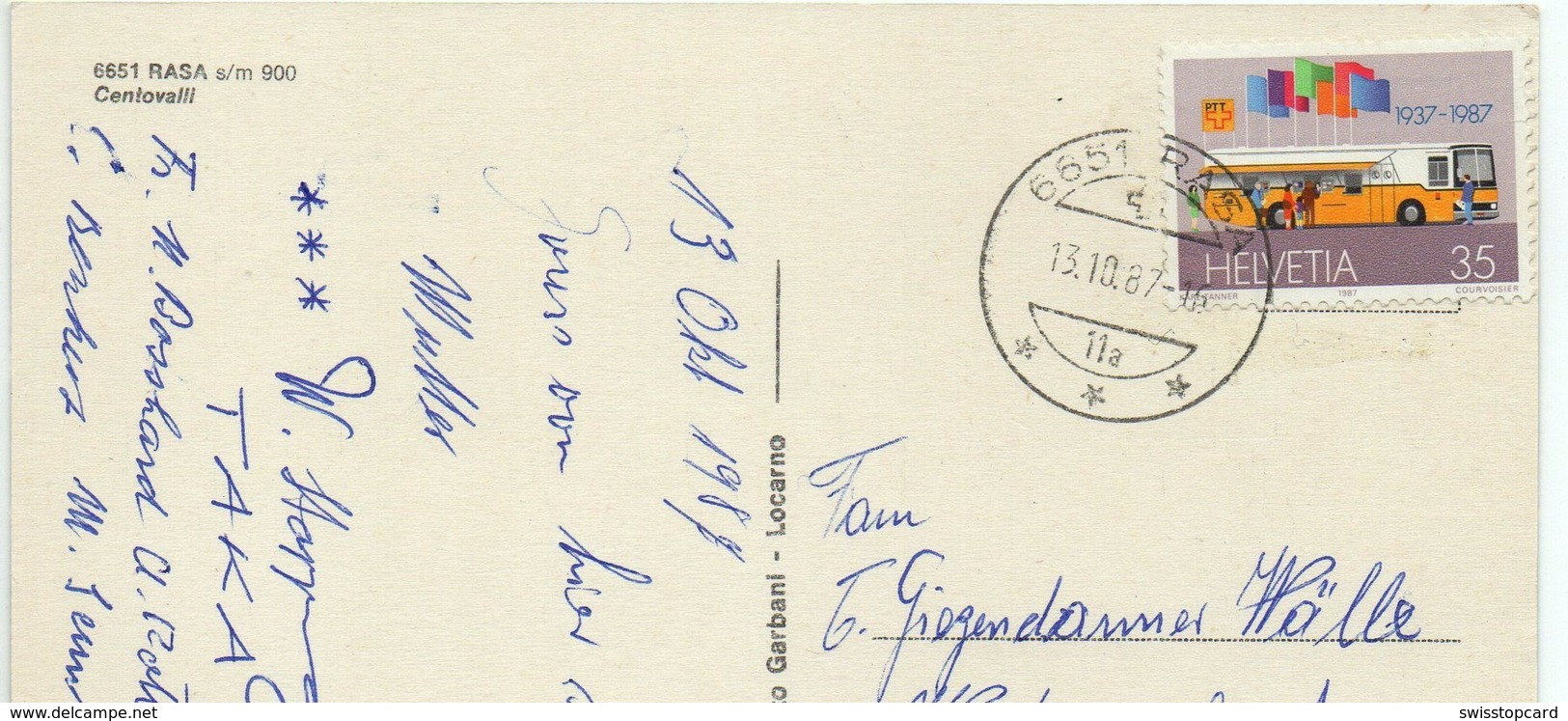 RASA CENTOVALLI Luftseilbahn Gel. 1987 Briefmarke Postauto - Centovalli