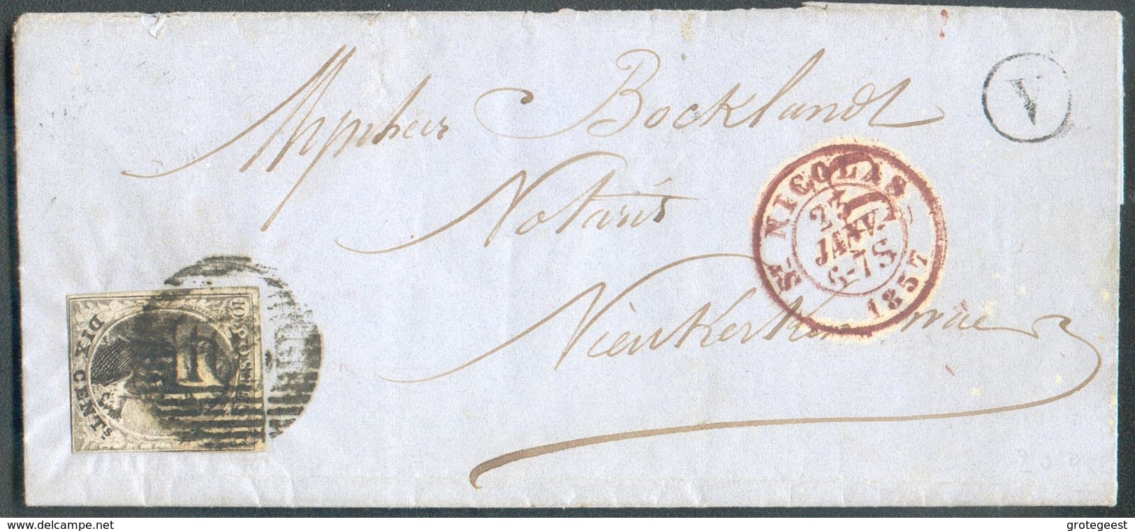 N°6 - Médaillon 10 Centimes Brun, Obl. P.105 Sur Lettre De SAINT-NICOLAS Le 23 Janvier 1857 + Boîte V De St-GILLIS Vers - 1851-1857 Medaillen (6/8)