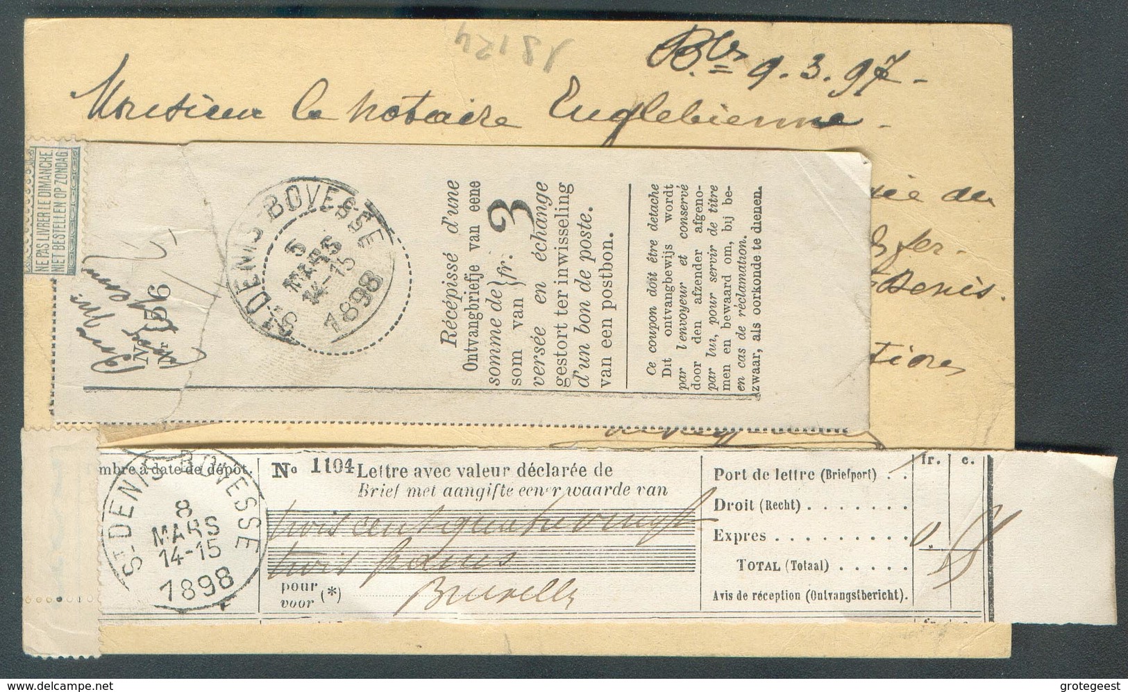 E.P. Carte 5 Centimes Vert, Obl. Sc BRUXELLES 5 Du 9 Mars 1898 + (verso) Etiquettes De Recépissé D'une Somme De 3 Francs - Cartes Postales 1871-1909