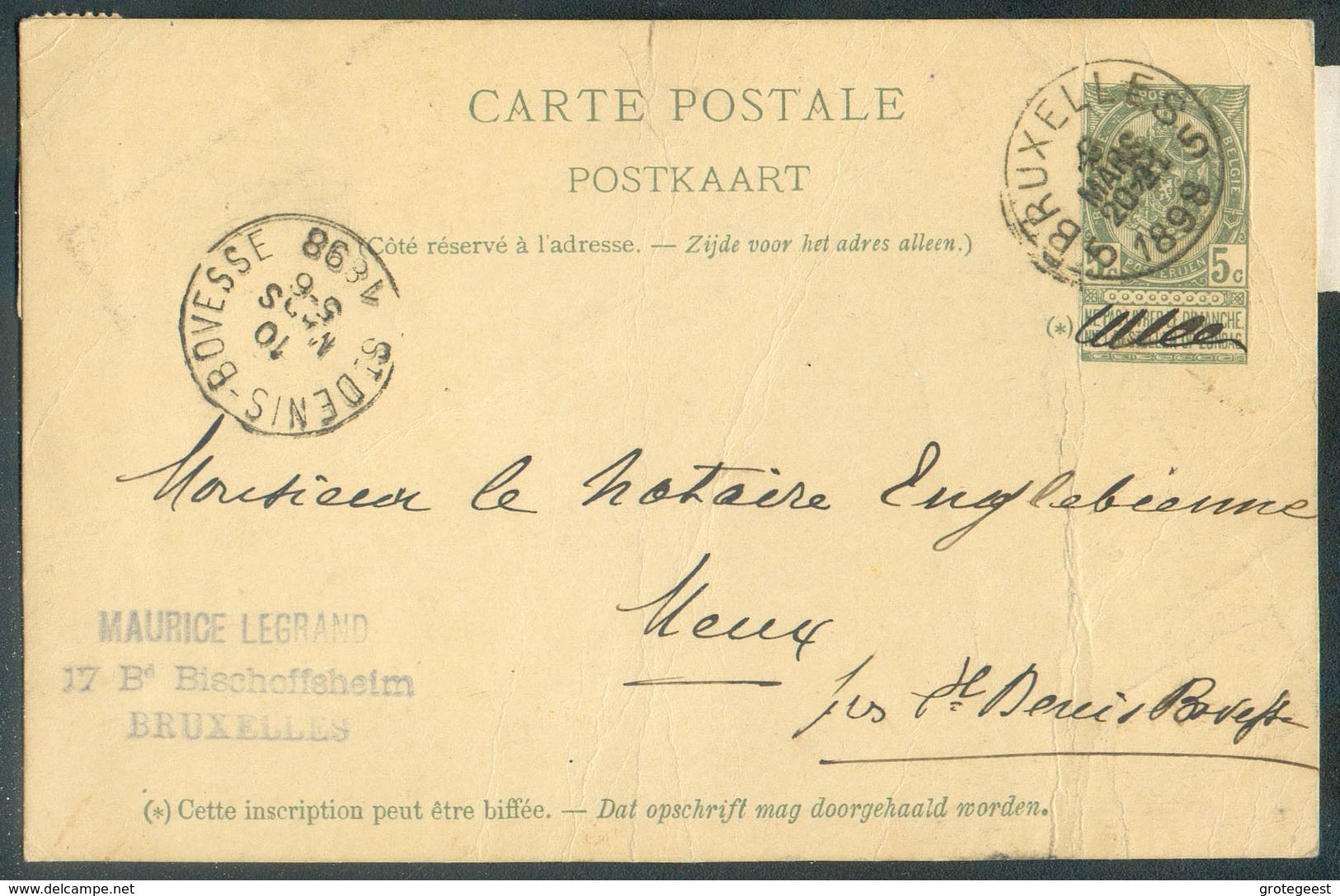 E.P. Carte 5 Centimes Vert, Obl. Sc BRUXELLES 5 Du 9 Mars 1898 + (verso) Etiquettes De Recépissé D'une Somme De 3 Francs - Cartoline 1871-1909