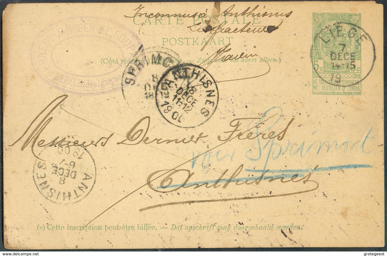 E.P. Carte 5 Centimes Vert, Obl. Sc LIEGE Du 7 Décembre 1900 Vers ANTHISNES (biffé) Et Suivi SPRIMONT + Inconnu à Anthis - Briefkaarten 1871-1909