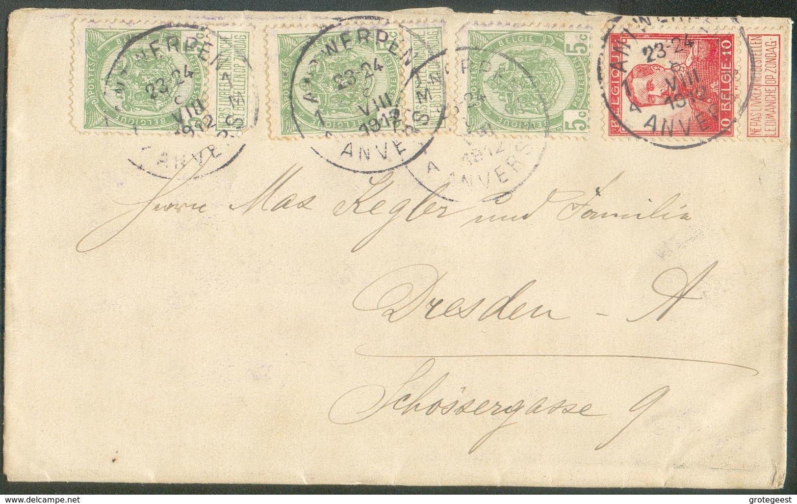 Affr. PELLENS à 25 Centimes Obl. Sc ANTWERPEN 1 Sur Lettre Du 8-VIII-1912 Vers Dresden  - 15126 - 1912 Pellens