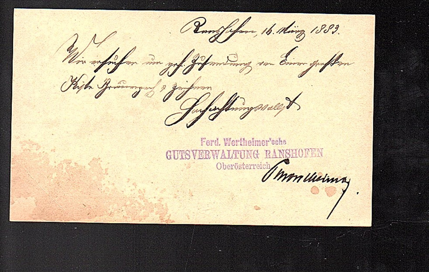 1883 RANSHOFEN Gutsverwaltung  Ferdinand Wertheimer 1885 > BRAUNAU Ried (730) - Covers & Documents