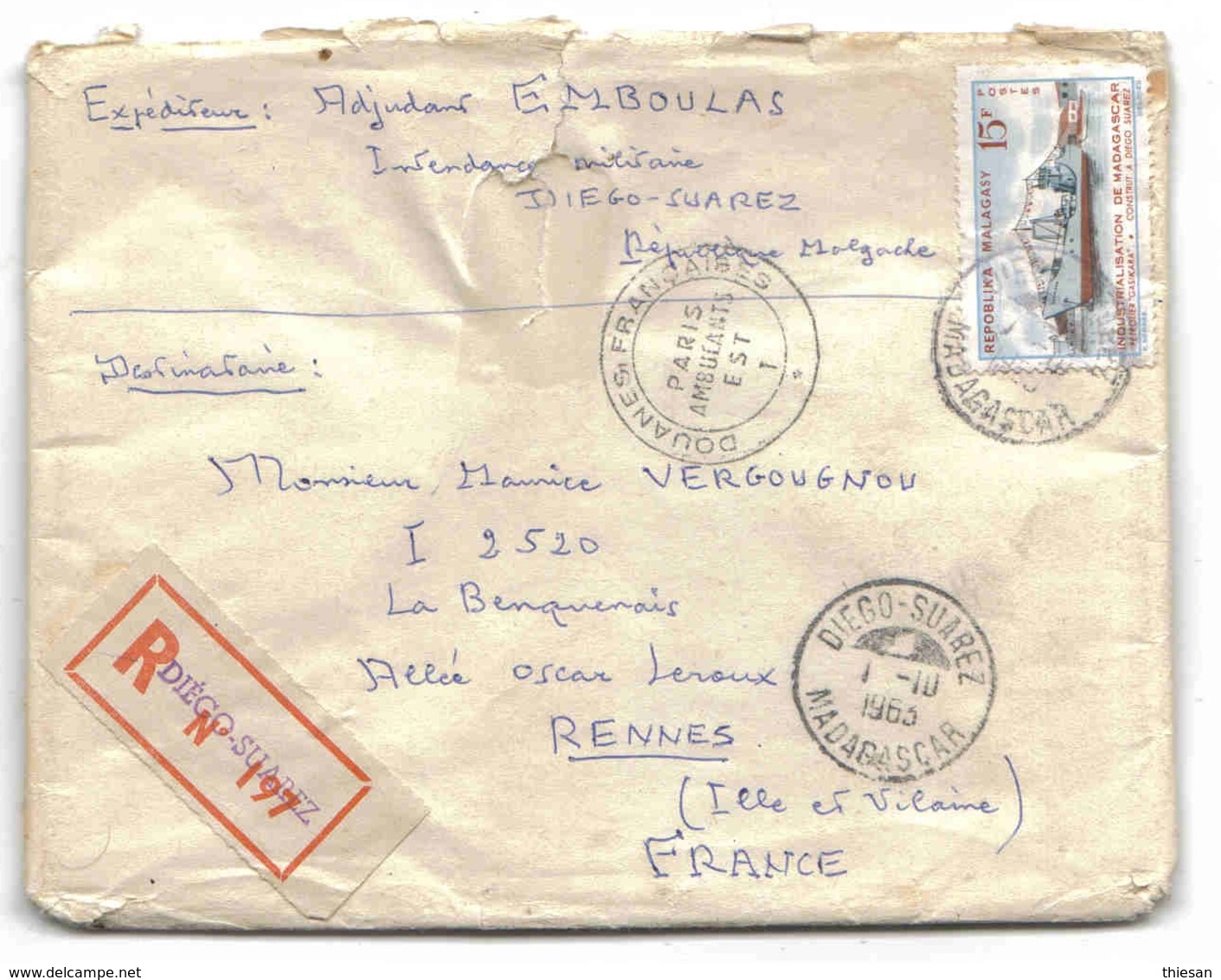 Madagascar Lettre Recommandée Diego-Suarez 1963 Douanes Ambulant Ferroviaire Oiseaux Bird Papillon Butterfly - Lettres & Documents