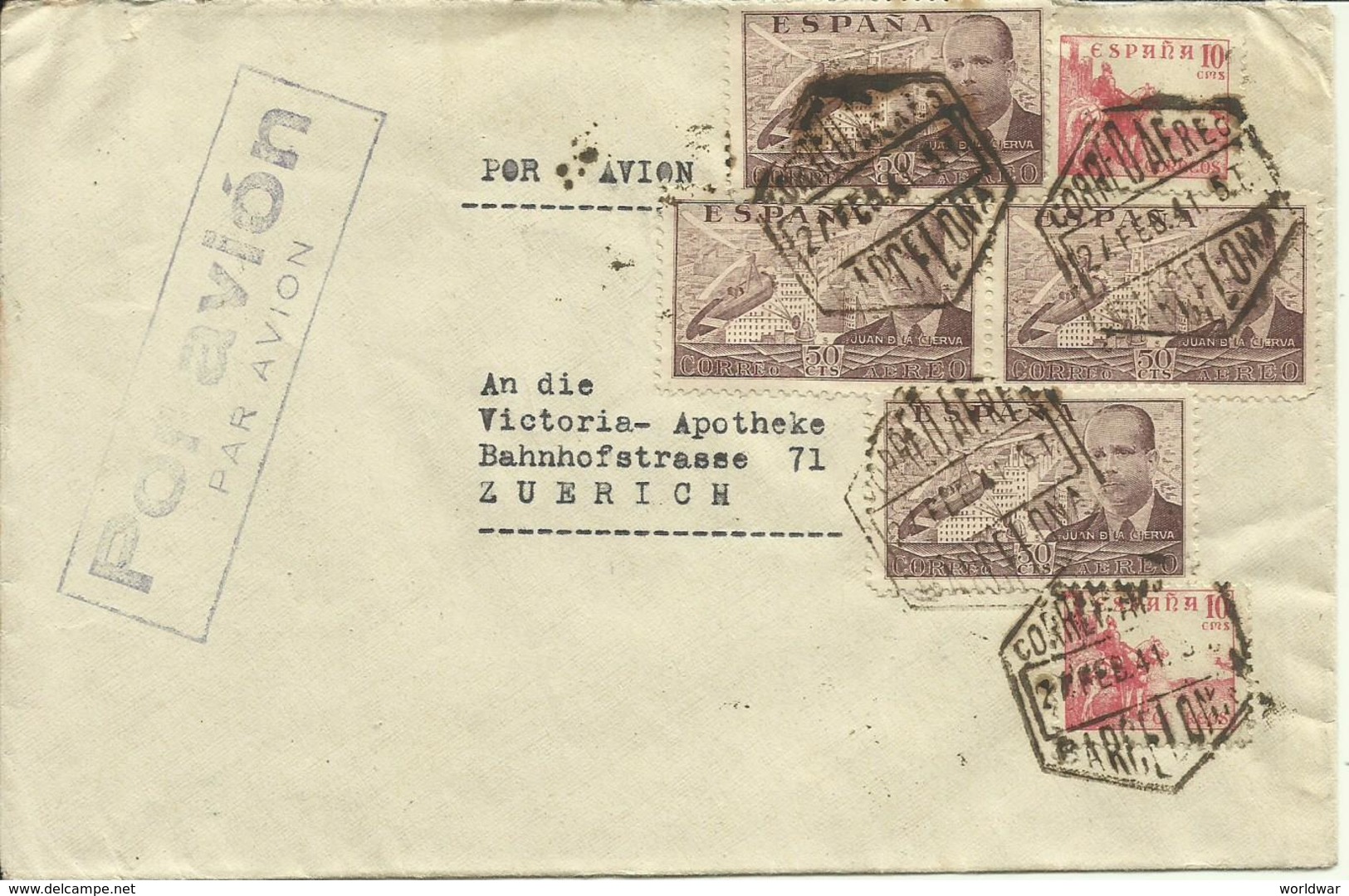 1941  Air Mail Letter From Barcelona To Zürich - Lettres & Documents