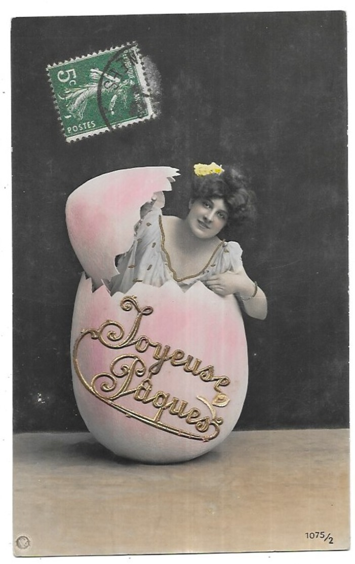 Paques Femme Sortant D' Un Oeuf Avec Ajoutis Dorure Joyeuses Paques Edition NPG 1075/2 - Pâques