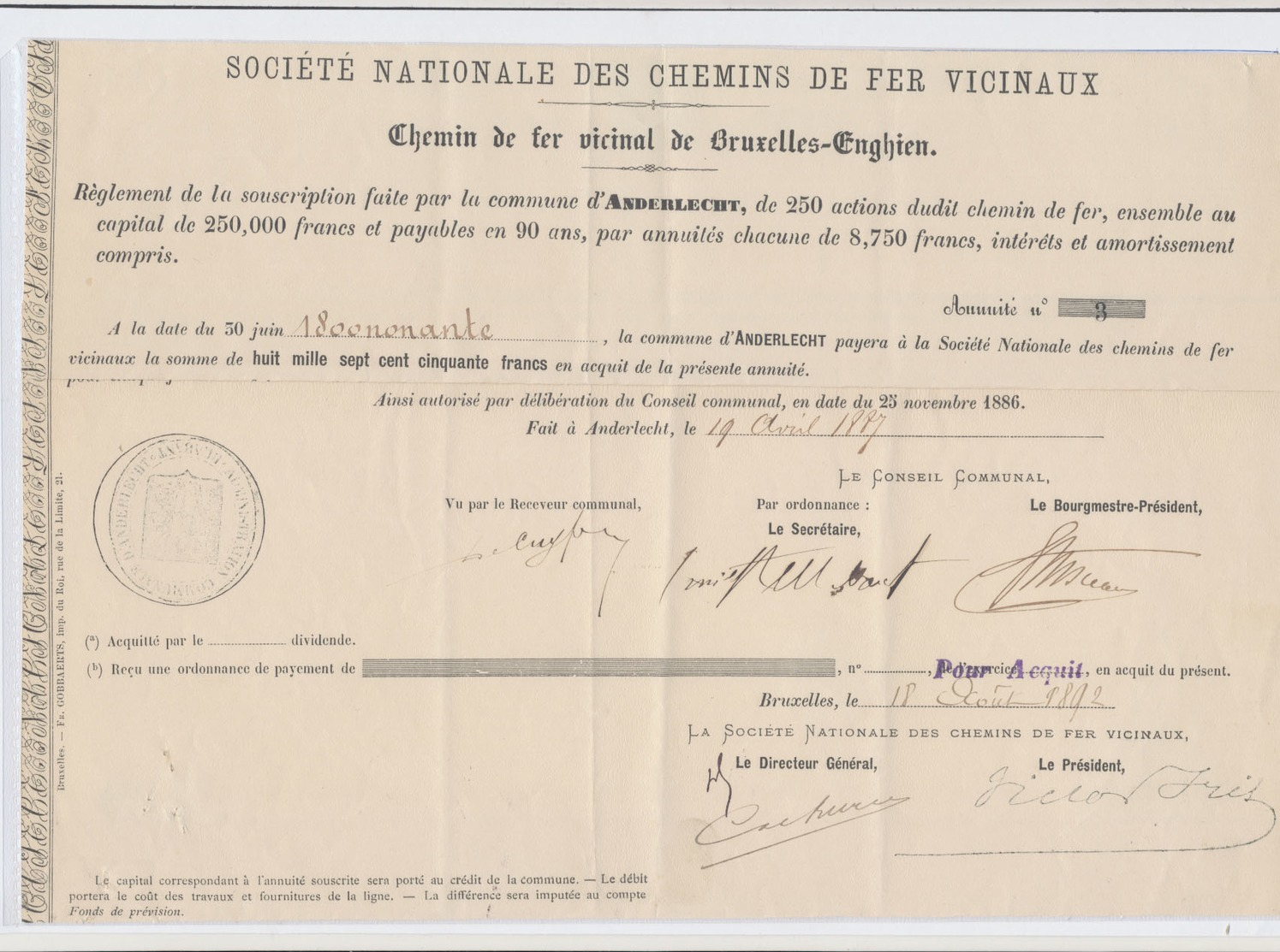 Belgique - Société Nationale Des Chemins De Fer Vicinaux : Ligne Bruxelles-Enghien, Commune D'Anderlecht (25/11/1886) - Bahnwesen & Tramways