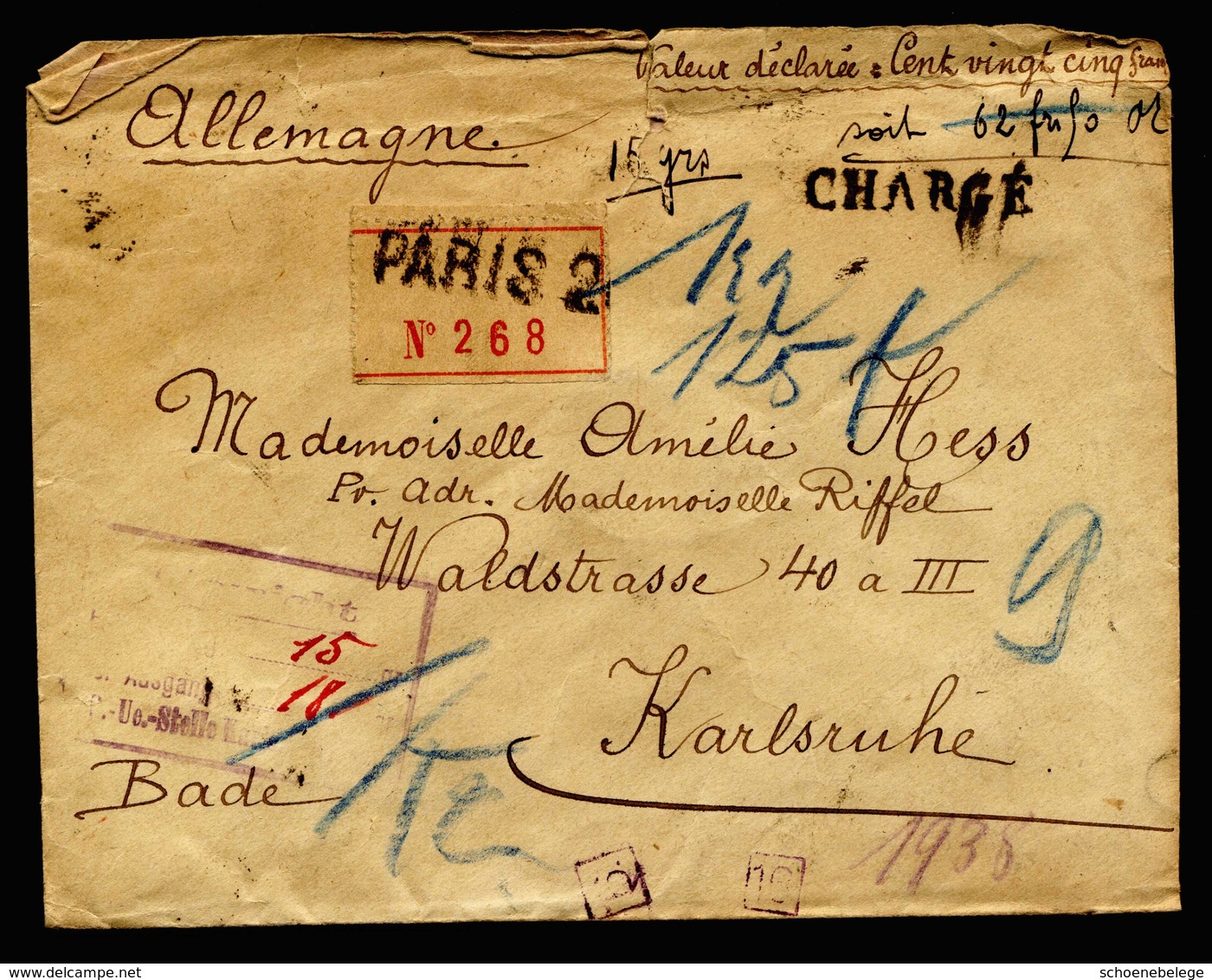 A6527) France Frankreich Wertbrief Paris 26.10.22 N. Karlsruhe M. Gewichtsstempel D. Zensur - Briefe U. Dokumente