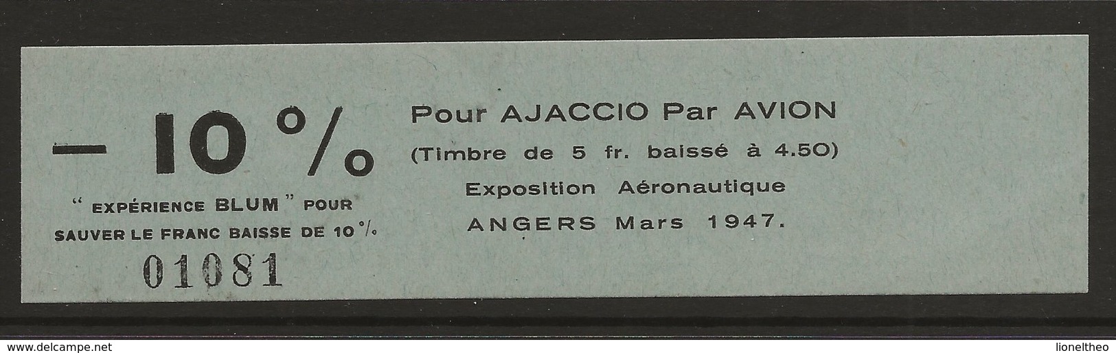Angers 1947 Exposition Aeronautique Expérience Blum Vers Ajaccio Vert Neuf - Aviación