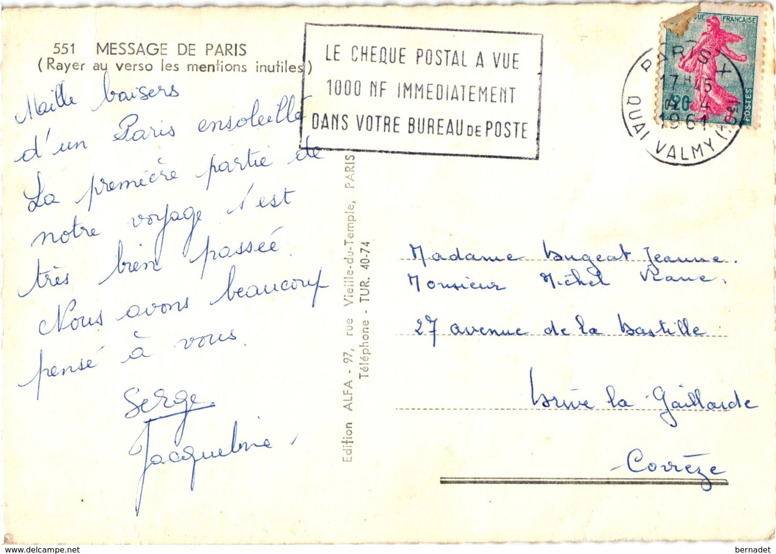 75 .. PARIS ..CINEMA .. FILM .. " LA CHATELAINE DU LIBAN "  .1961 . FLAMME CHEQUE POSTAL A VUE .. - Manifesti Su Carta