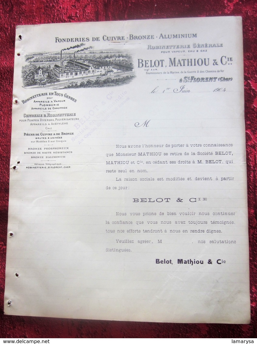 1904 Facture Illustrée Document Commercial Saint-Florent Cher-Cie B.M-Fonderie Cuivre-Bronze-Fonte,aluminium,Acétylène - 1900 – 1949