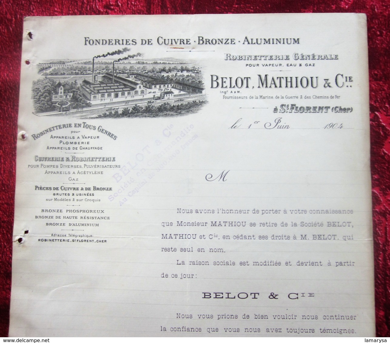 1904 Facture Illustrée Document Commercial Saint-Florent Cher-Cie B.M-Fonderie Cuivre-Bronze-Fonte,aluminium,Acétylène - 1900 – 1949