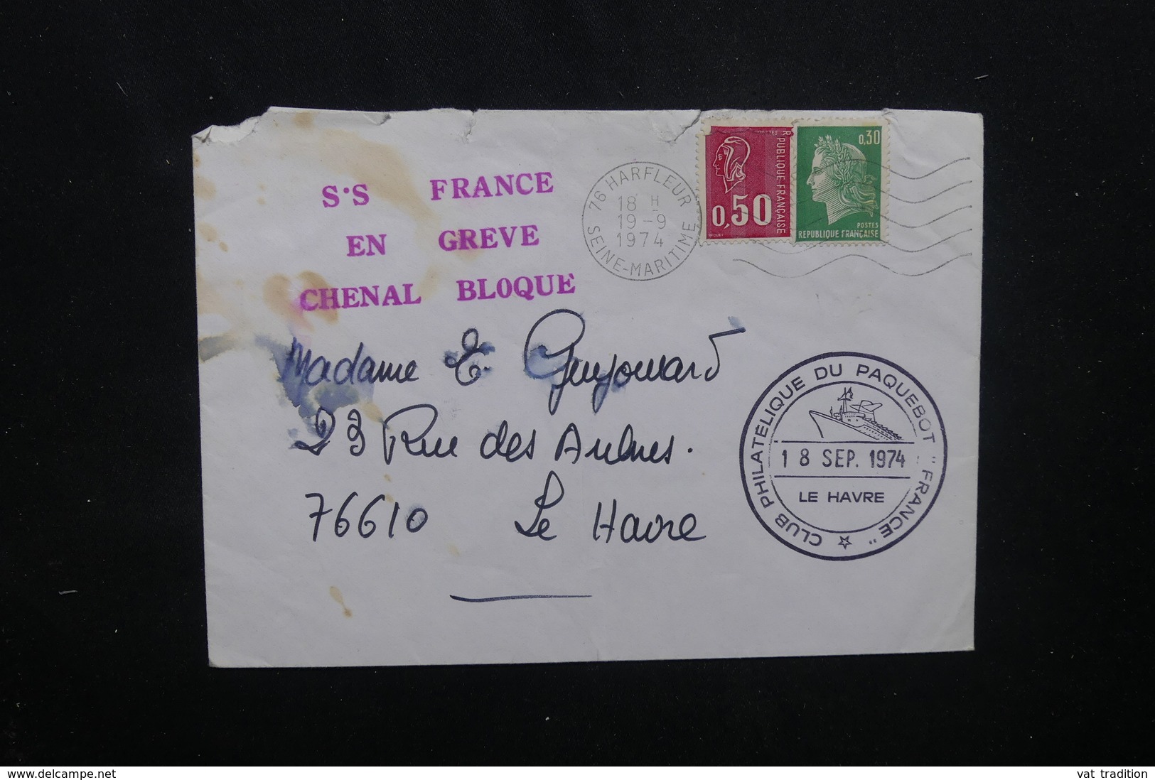 FRANCE - Cachet " SS France En Greve Chenal Bloqué " Sur Enveloppe De Harfleur Pour Le Havre En 1974  - L 52067 - Documenti