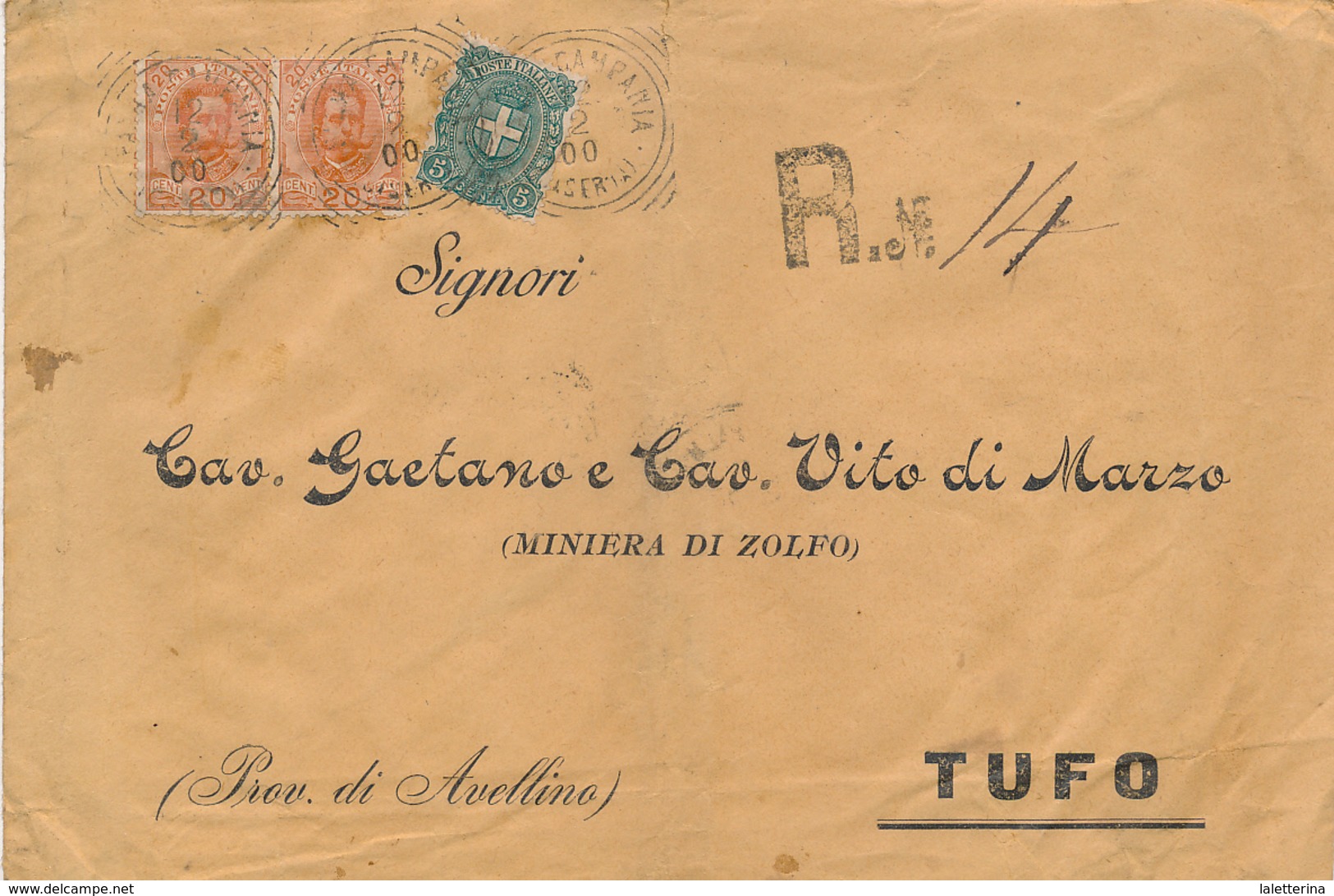 1900 PALMA CAMPANIA CASERTA TONDO RIQUADRATO CON TESTO SU RACCOMANDATA UMBERTINA - Storia Postale