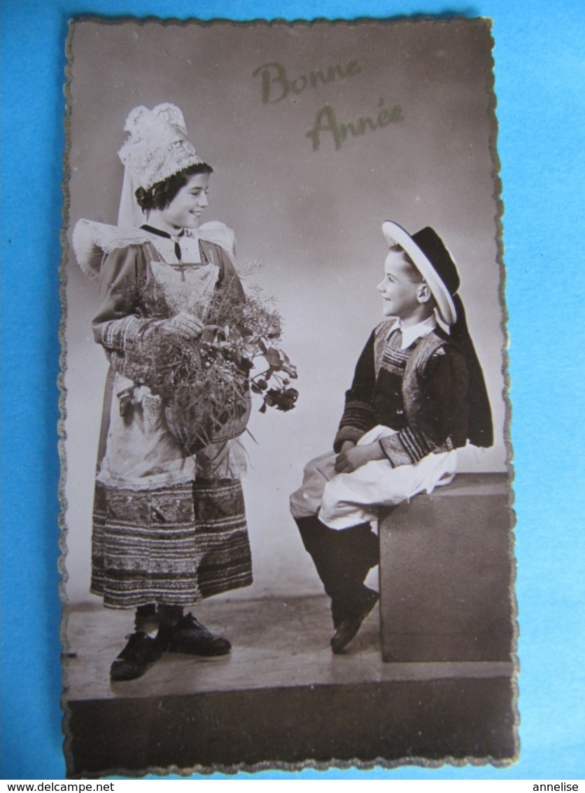 1950 Bonne Année Format "mignonnette" Carte-photo Enfants Costume Bigouden - Nieuwjaar