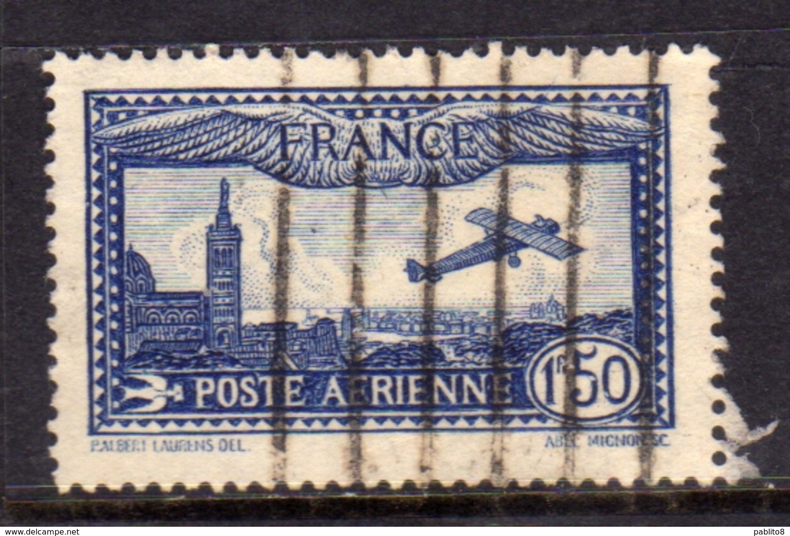 FRANCE FRANCIA 1930 1931 POSTE AERIENNE AIR MAIL AEREA VIEW OF MARSEILLE VUE NOTRE DAME LEFTE 1.50f  OBLITERE' USED - 1927-1959 Afgestempeld