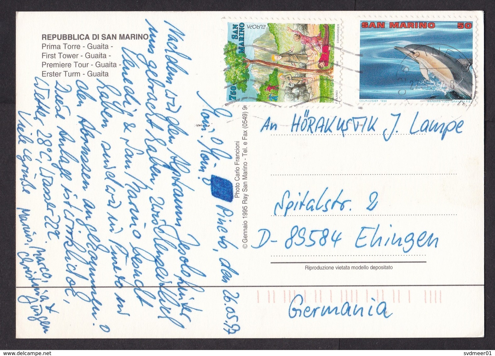 San Marino: PPC Picture Postcard To Germany, 1997, 2 Stamps, Dolphin, Fish, Europa, Legend, Myth (tape At Back) - Briefe U. Dokumente