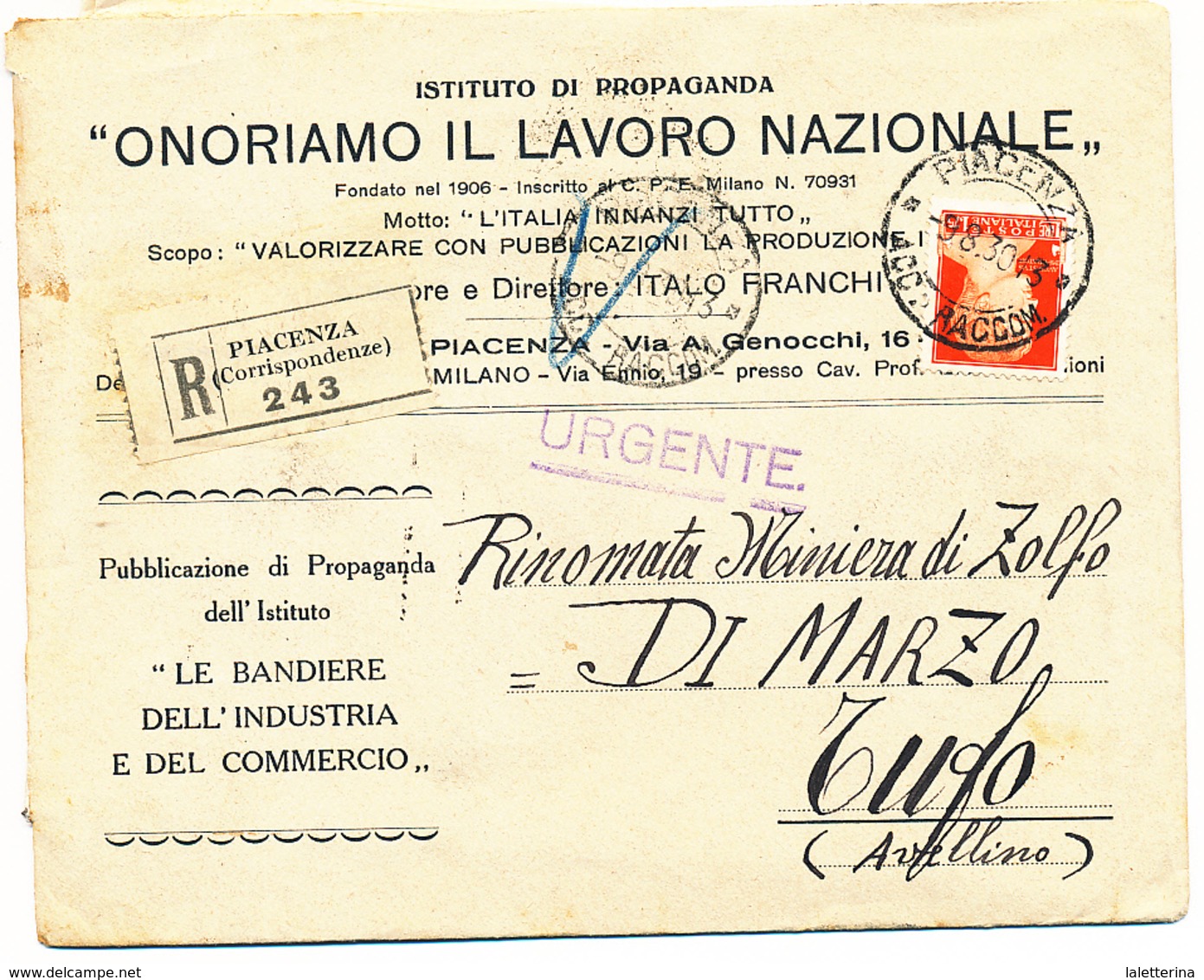 1930 PIACENZA DC + ONORIAMO IL LAVORO NAZIONALE BUSTA PUBBLICITARIA CON TESTO - Marcofilía