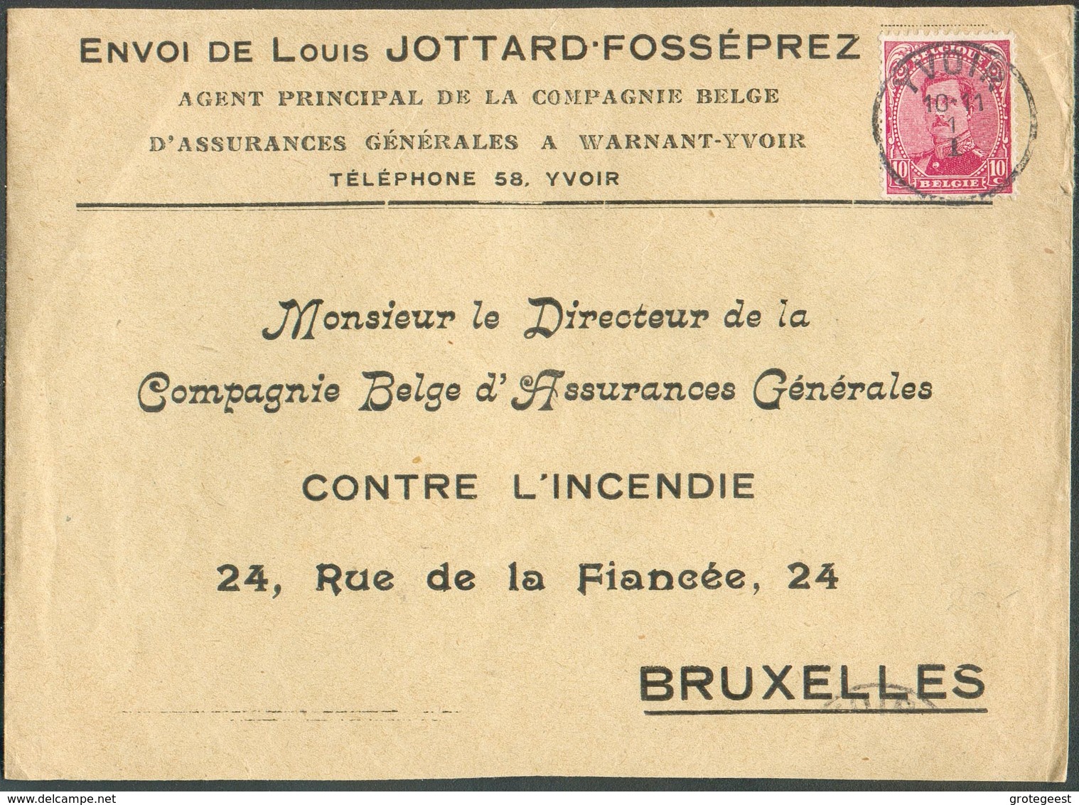 N°138 - 10 Centimes Obl. Sc YVOIR Sur Lettre En-tête LOUIS JOTTARD FOSSEPREZ Assurance, Du 1-I -1919 Vers Bruxelles - 15 - 1914-1915 Rotes Kreuz