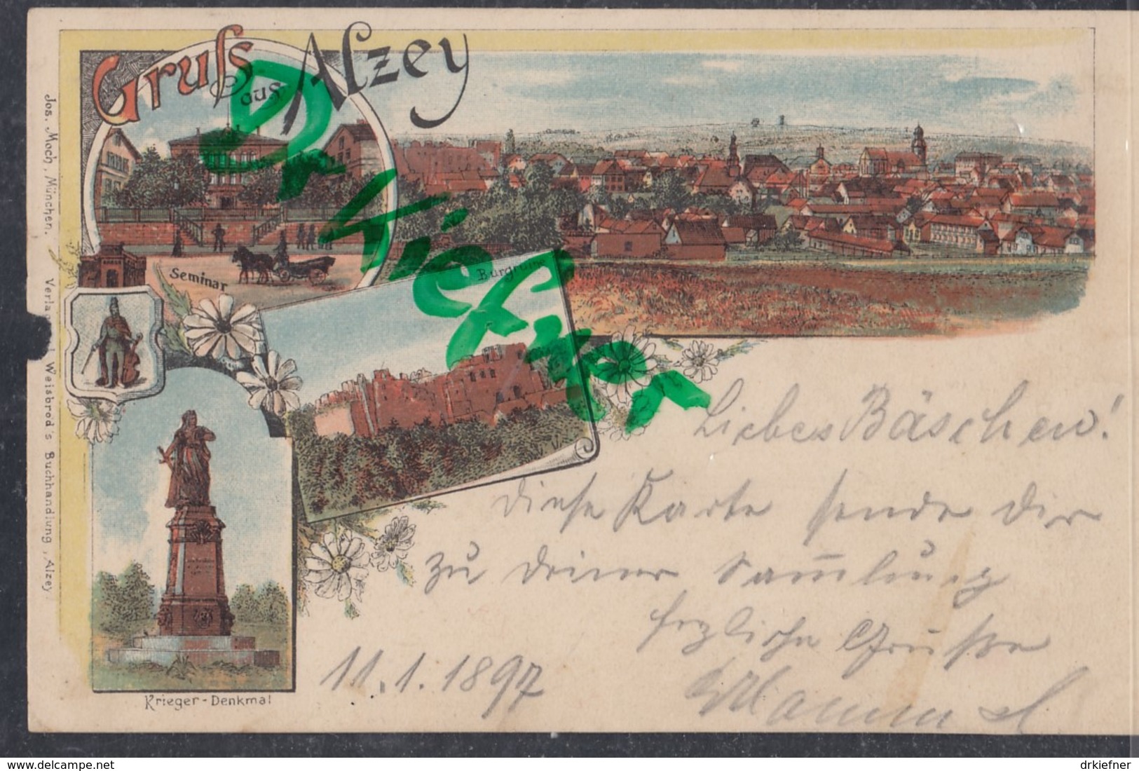 LITHOGRAPHIE: Gruss Aus Alzey, Pfalz, Um 1896, Stadtansicht, Seminar, Krieger-Denkmal, Burgruine, Bahnpost-Stempel - Alzey