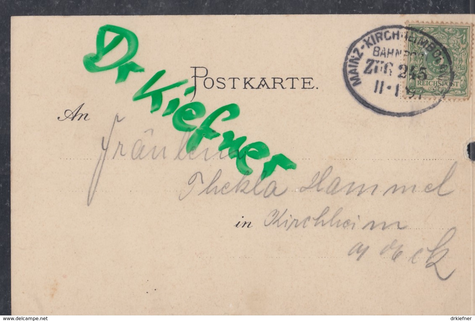 LITHOGRAPHIE: Gruss Aus Alzey, Pfalz, Um 1896, Stadtansicht, Seminar, Krieger-Denkmal, Burgruine, Bahnpost-Stempel - Alzey